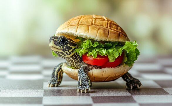 A playful scene featuring a turtle with a shell resembling a hamburger bun, paws holding lettuce and tomato slices, on a checkered floor that contrasts nature and food design