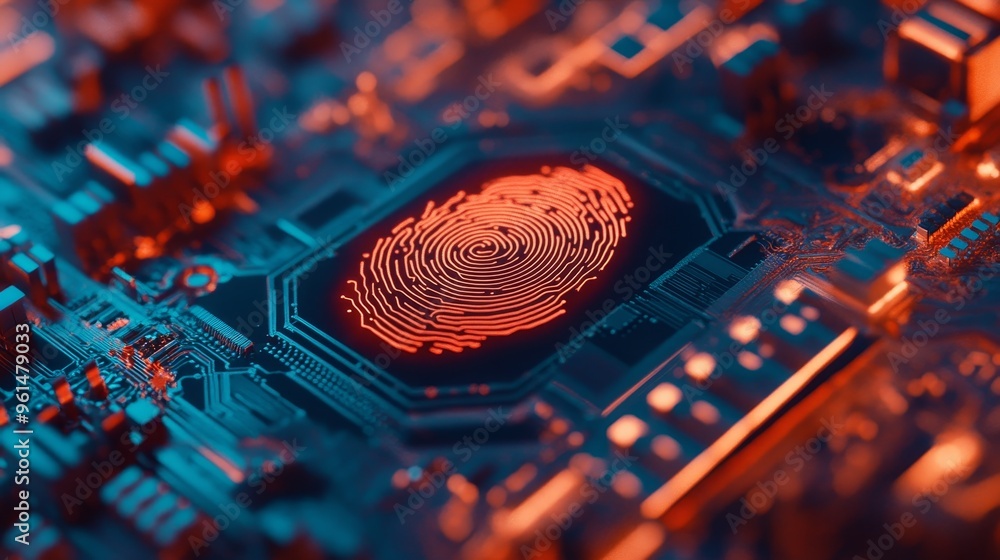 Poster a glowing red fingerprint icon embedded in a circuit board, symbolizing digital identity, cybersecur
