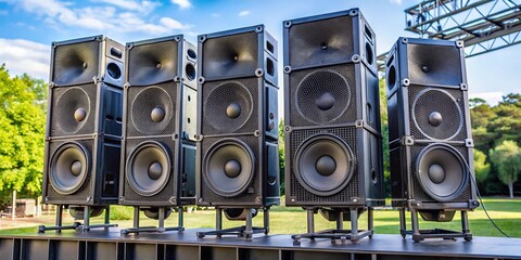 Obraz premium A sleek, modern loudspeaker system with multiple woofers and tweeters mounted on a sturdy stand, ready to amplify sound at an outdoor concert or festival.
