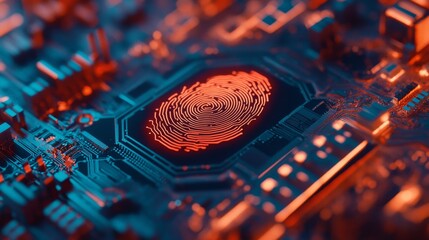 A glowing red fingerprint icon embedded in a circuit board, symbolizing digital identity, cybersecurity, data protection, biometrics, and technological advancement.