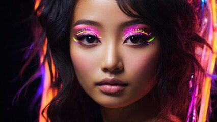 Fototapeta premium Asian woman with pink, orange, green and purple neon mascara and eyeliner, glowing in the dark Y3K style