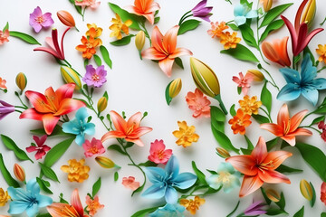 Arrangement of spring flowers against a white background. Blooming concept. Flat lay
