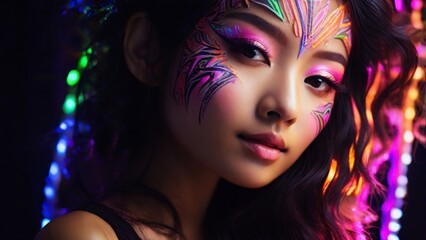 Asian woman with pink, orange, green and purple neon mascara and eyeliner, glowing in the dark Y3K style