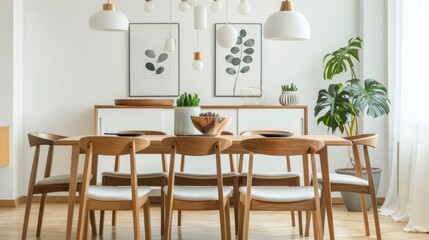 Wooden table and chairs in white dining room interior with lamps and poster above cupboard. Photo is real.
