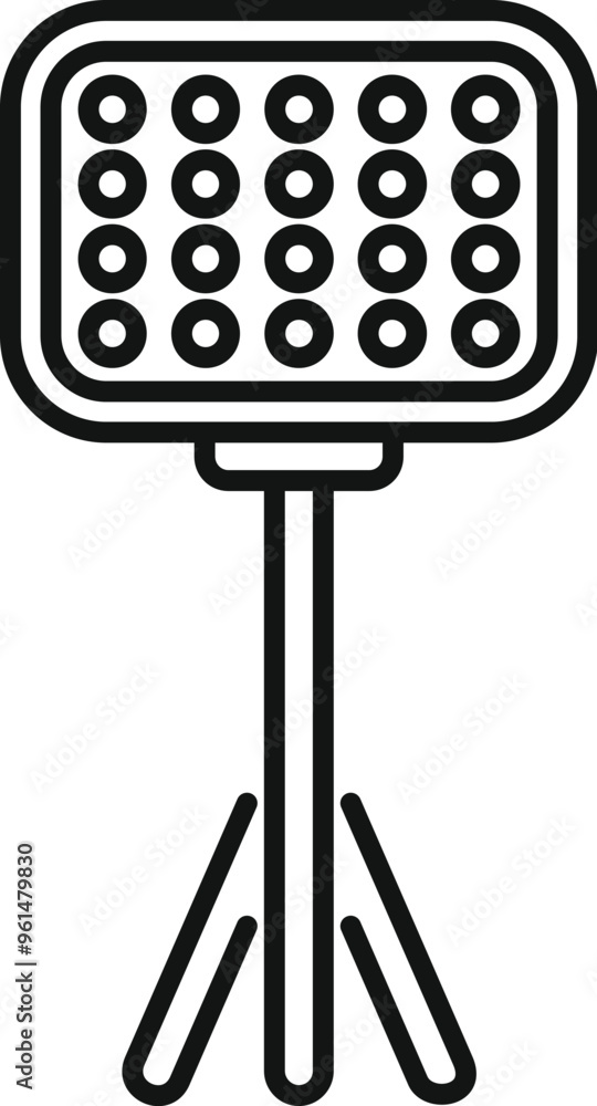 Poster linear icon of a studio light standing on a tripod, illuminating an object