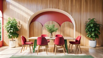 Minimalist interior design of modern dining room with abstract wood paneling arched wall.
