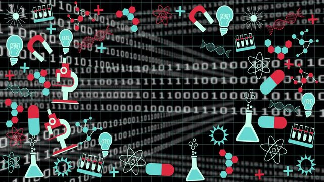 Binary code and scientific icons animation over black background with grid pattern