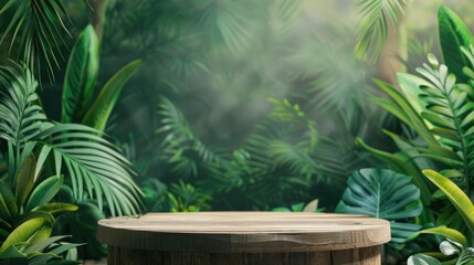 Tropical garden backdrop with wooden podium, green plants, and copy space for organic product promotion.