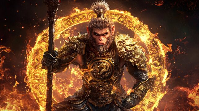 A Wukong clad in golden armor, wielding a staff, surrounded by fiery energy and mythical elements.