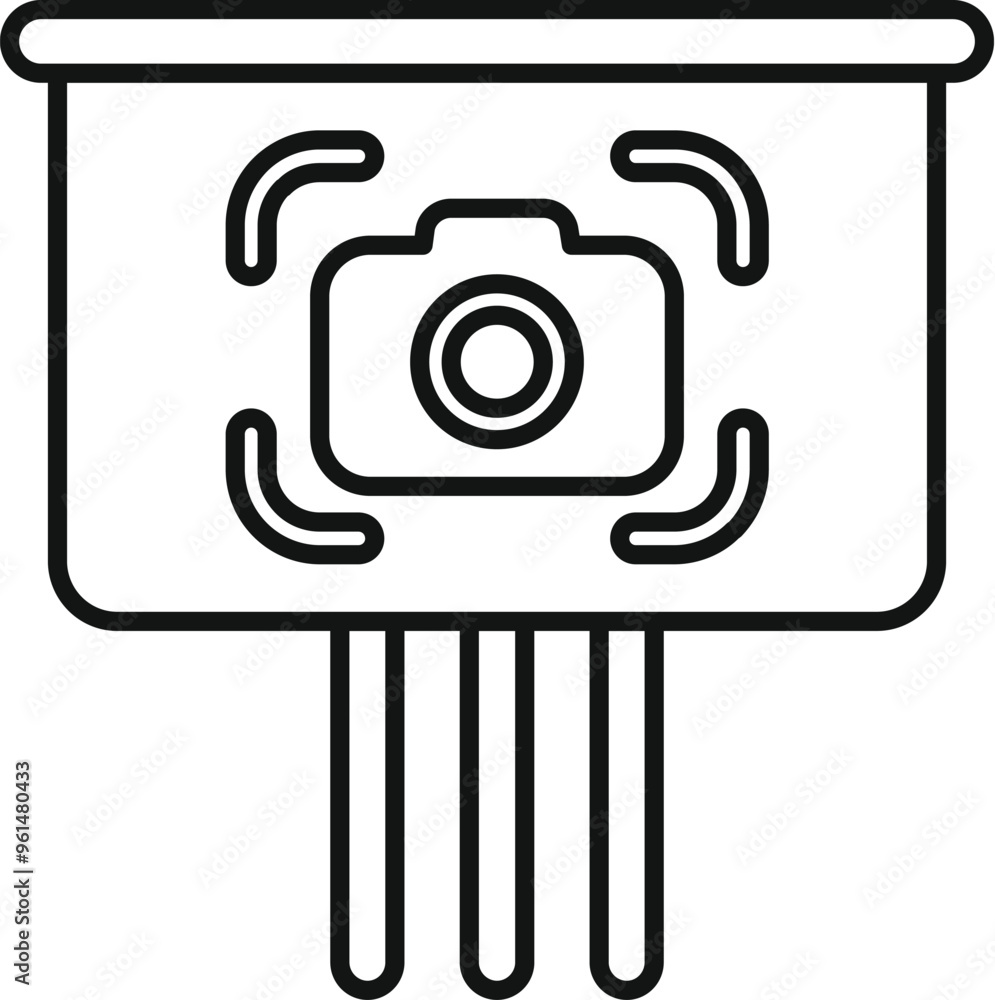 Poster camera sensor chip focusing icon in outline style illustrating image capture technology for photogra