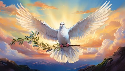 Obraz premium A pure white dove carrying an olive branch, set against a sky filled with soft pastel colors