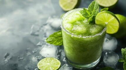 A refreshing green slush drink with mint leaves and a lime wedge, served in a frosty glass.