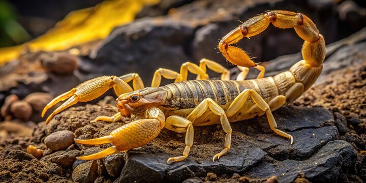A venomous deathstalker scorpion, with its yellowish-brown body and long, thin tail, crawls menacingly across a dark, rocky surface, its claws snapping in threat.