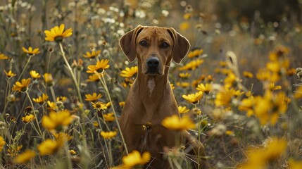  A brown dog sits in a yellow flower field, gazing sadly at the camera