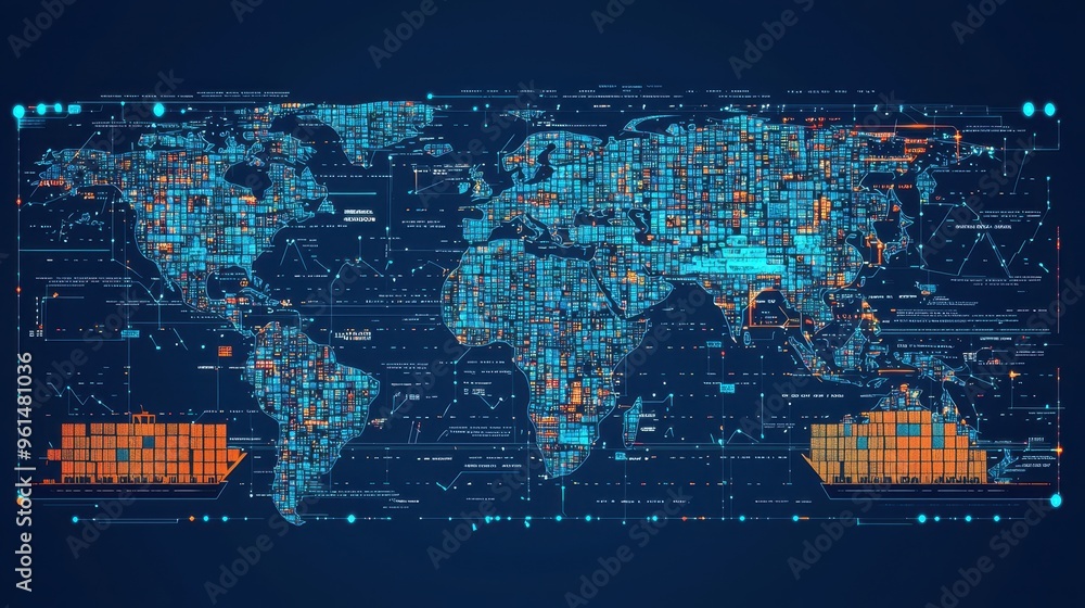 Poster Global Network  World Map  Digital Technology  Cyberspace  Futuristic Interface