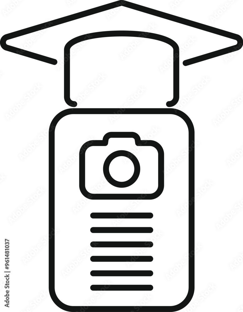Poster simple vector showing a graduation cap placed above a smartphone with a camera inside, representing 