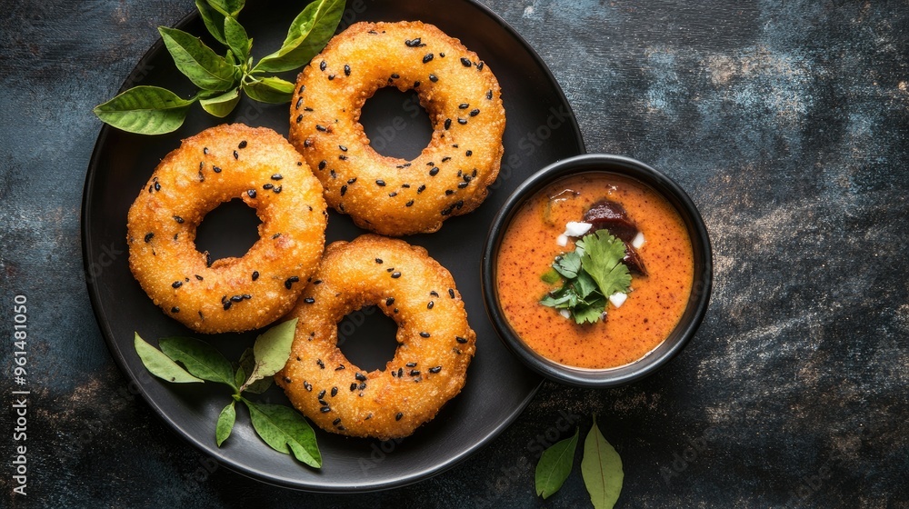 Poster medu vada served with a side of sambar and coconut chutney. top view with copy space.