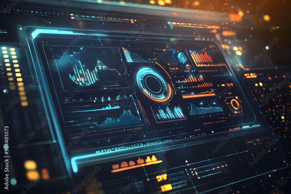 Poster futuristic interface display with glowing lines and data graphs