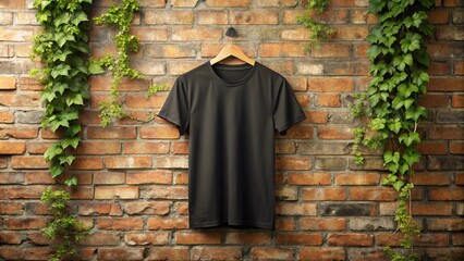 Naklejka premium A plain T-shirt hanging on a hanger, placed against an industrial concrete wall background adorned with fresh flowers in vases