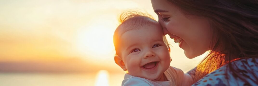 A happy mother gently holds her smiling baby in her arms, bathed in the warm glow of a beautiful sunset. The image evokes a sense of love, joy, and the beauty of motherhood. The sunset symbolizes hope
