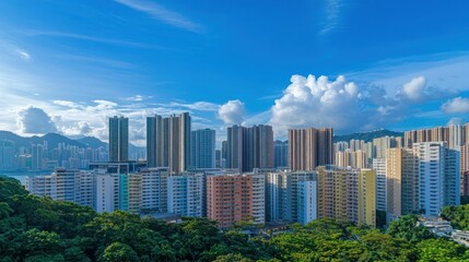 Fototapeta premium Hong Kong Cityscape with Blue Sky and Fluffy Clouds