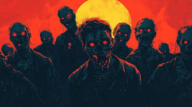 A crowd of zombies with fearsome expressions and glowing eyes move together beneath a menacing red moon, creating a dark, post-apocalyptic scene filled with dread.