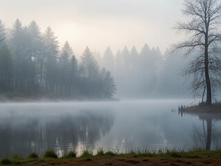 Fototapeta premium Lake in a coniferous forest covered with fog. Mystical landscape.