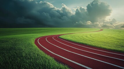 A running track curving through green fields with a dramatic sky in the background.
