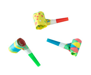 three party blowers in different colors.