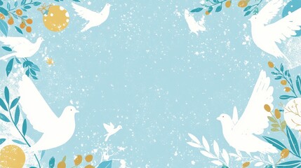Blue Background with White Doves and Green Leaves