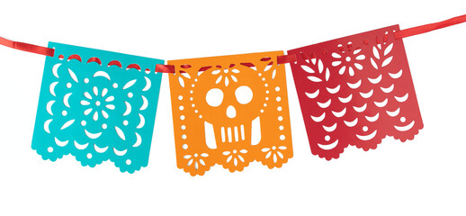 Mexican decoration, papel picado of different colors for celebration of the day of the dead.