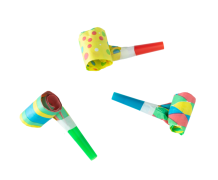 three party blowers in different colors.