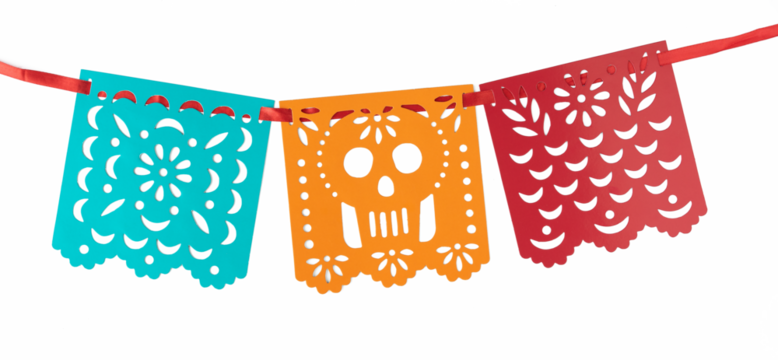 Mexican decoration, papel picado of different colors for celebration of the day of the dead.