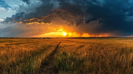 Dramatic Sunset Over Wheat Field with Stormy Clouds