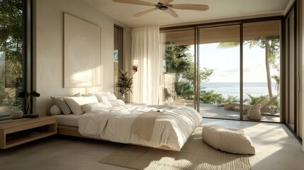 A serene bedroom with a modern bed, coastal decor, and minimalistic furniture design.