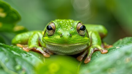  A tight shot of a green frog perched on a leaf, adorned with water droplets on its face and eyes