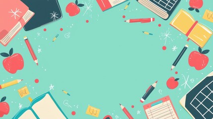 Back to School Supplies Border with Apple and Notebook on Green Background