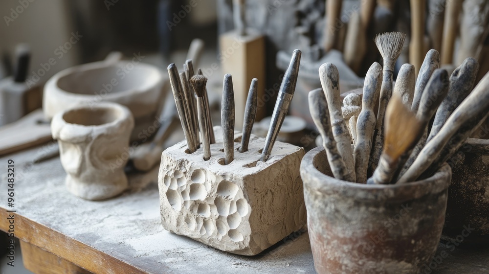 Poster a set of sculpting tools embedded in a block of clay on a workbench, showcasing the process of creat
