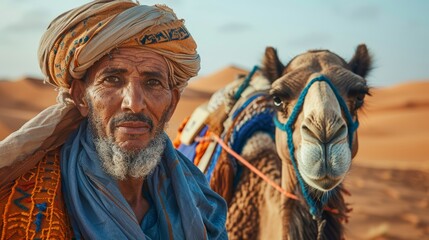Obraz premium A man in a turban stands beside a camel in the desert's heart
