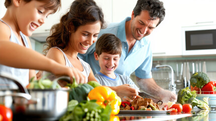 Happy Family Cooking Together in Modern Kitchen with Fresh Vegetables and Smiling Faces
