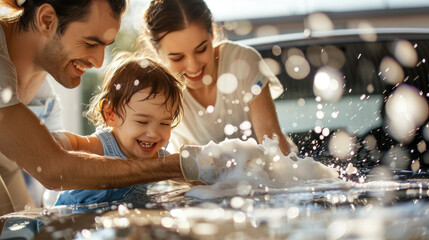 Happy Family Washing Car Together on a Sunny Day with Soap Bubbles and Smiles