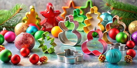 Naklejka premium Colorful cookie cutters in various sizes and designs adorn a granite countertop, accompanied by holiday-themed decor, set against a vibrant backdrop on a bright-colored wall.