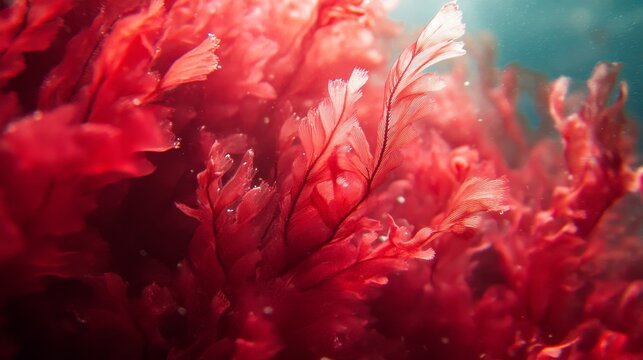 A mesmerizing close-up of vibrant red algae underwater, showcasing the delicate fronds waving gently in the current. The red hues evoke a sense of life, energy, and the beauty of the underwater world.