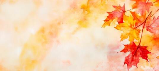 Autumn background with watercolor red and orange leaves on a light yellow background, a beautiful fall season wallpaper design for digital art., copy space for text
