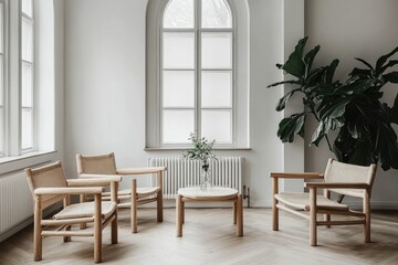 Fototapeta premium A minimalist lounge area with wooden chairs and a plant, creating a serene atmosphere.