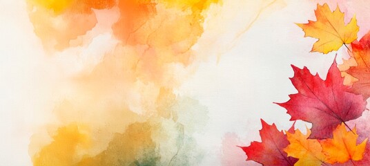 Autumn background with watercolor red and orange leaves on a light yellow background, a beautiful fall season wallpaper design for digital art., copy space for text