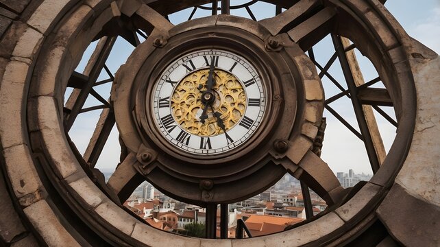 old clock on the bell tower with a panoramic view of the city

