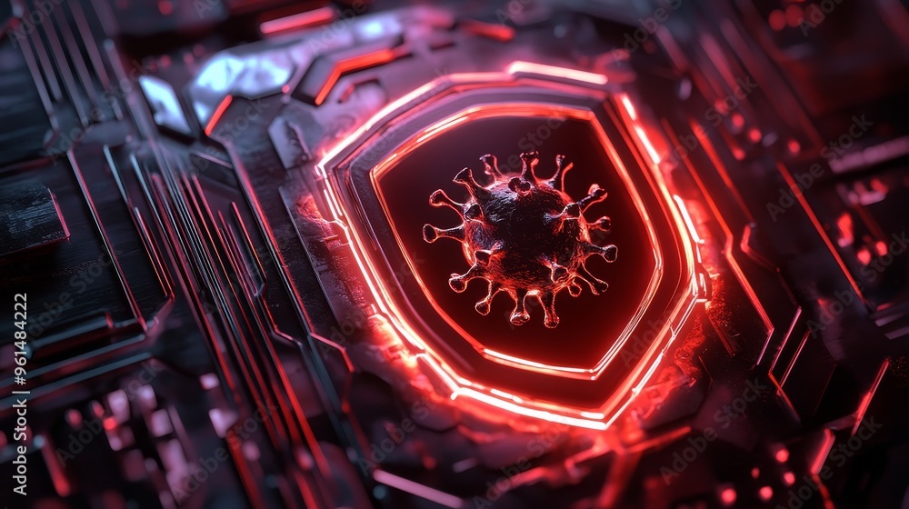 Aufkleber a metallic shield with a glowing red outline, symbolizing protection against a virus. the virus icon