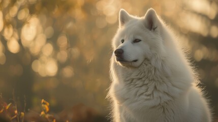 Obraz premium A white dog, nose to nose with grass, lies in a sunlit field Trees frame the scene in the background, their leaves bathed in sunlight Sunlight illuminates the