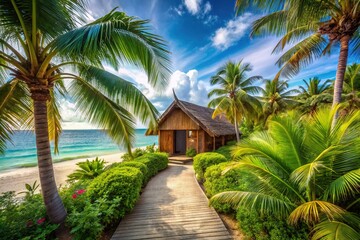 Fototapeta premium Cozy wooden bungalow nestles among vibrant tropical plants, a narrow path leading to the turquoise ocean.